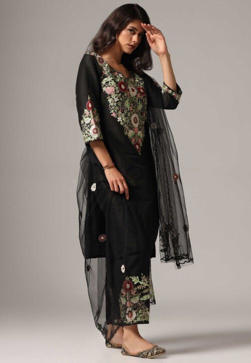 Aari Embroidered Raw Silk Pakistani Suit in Black