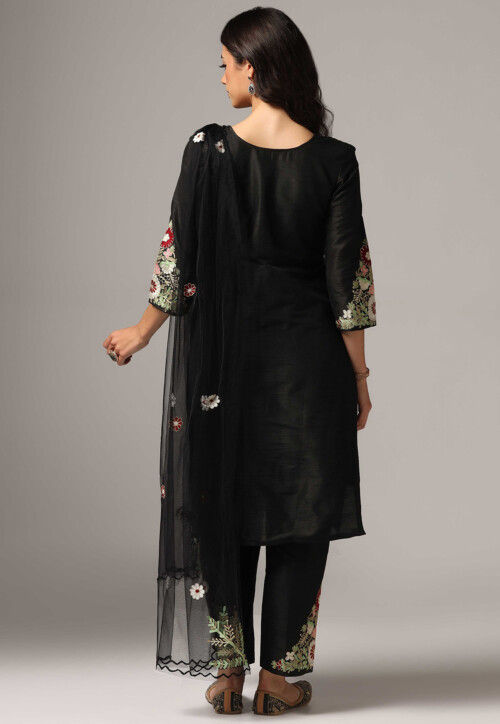 Aari Embroidered Raw Silk Pakistani Suit in Black