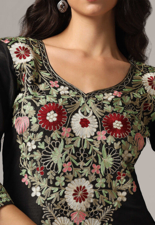 Aari Embroidered Raw Silk Pakistani Suit in Black