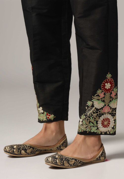 Aari Embroidered Raw Silk Pakistani Suit in Black