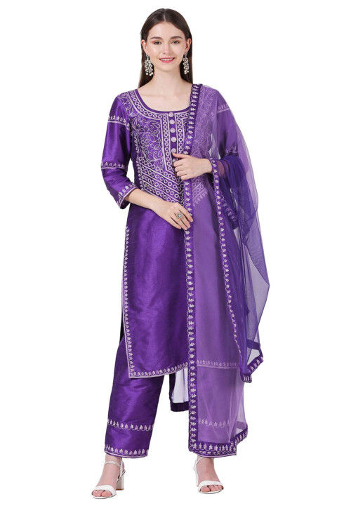 Aari Embroidered Raw Silk Pakistani Suit in Purple