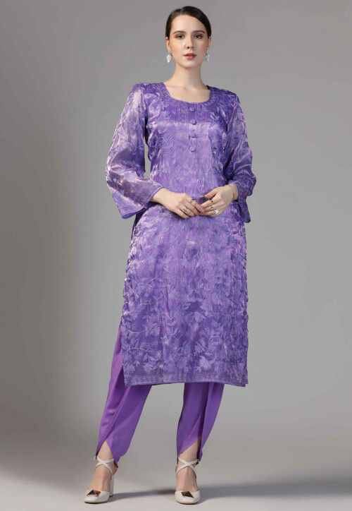 Buy Aari Embroidered Tissue Straight Kurta Set in Purple Online