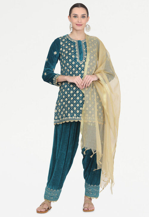 Aari Embroidered Velvet Punjabi Suit in Teal Blue
