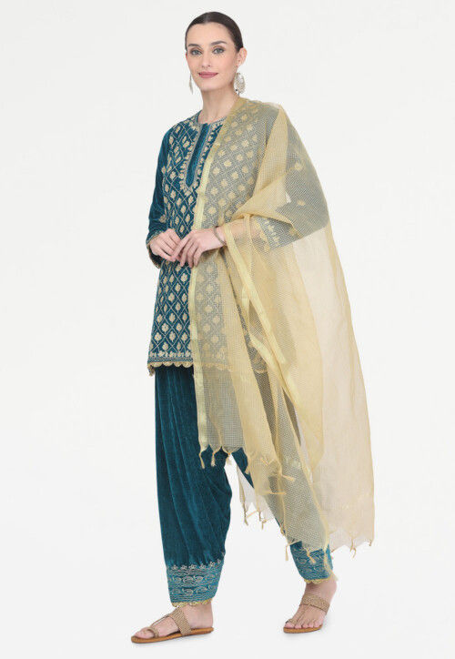 Aari Embroidered Velvet Punjabi Suit in Teal Blue
