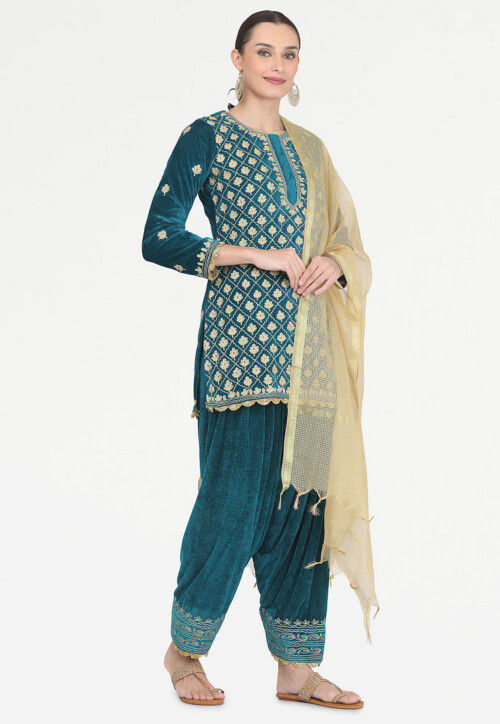 Aari Embroidered Velvet Punjabi Suit in Teal Blue