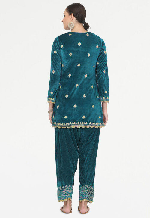 Aari Embroidered Velvet Punjabi Suit in Teal Blue