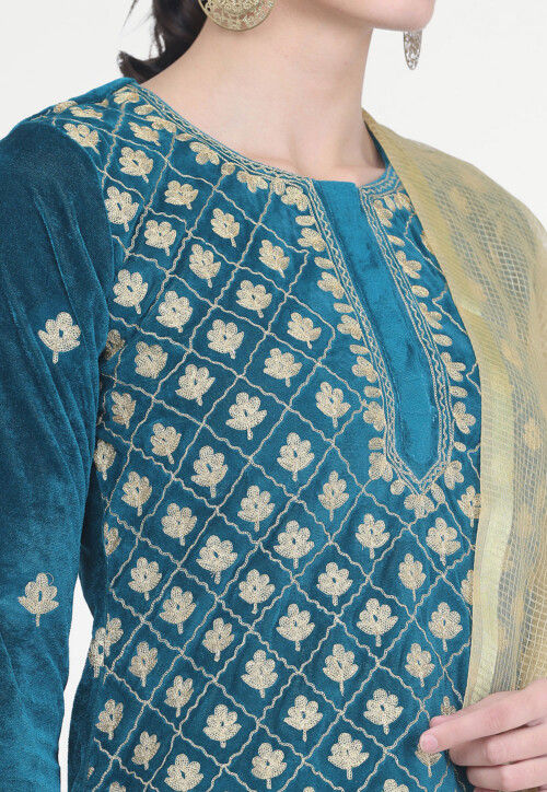 Aari Embroidered Velvet Punjabi Suit in Teal Blue