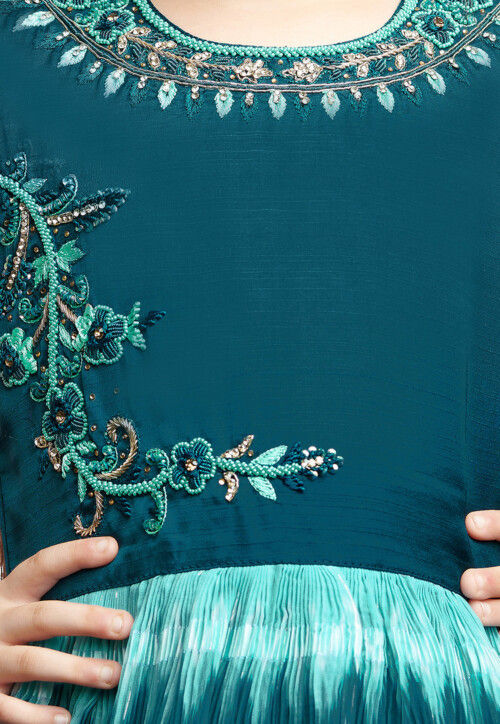 Accordion Pleated Art Silk Gown in Blue