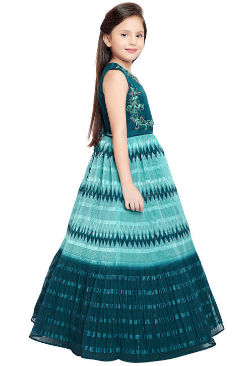 Accordion Pleated Art Silk Gown in Blue