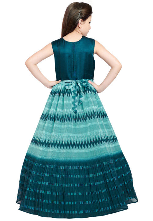 Accordion Pleated Art Silk Gown in Blue