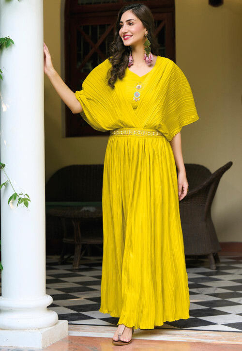 Accordion Pleated Chinon Chiffon  Gown in Yellow