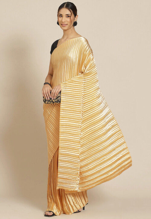 Accordion Pleated Polyester Saree in Beige