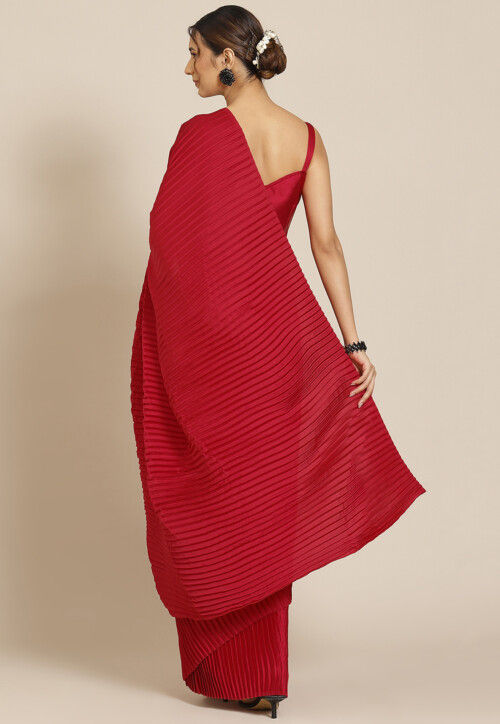 Buy Accordion Pleated Polyester Saree in Maroon Online SGFA101