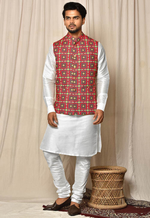 Buy Red & white phoenix khadi nehru jacket set Online for men by House of  Debarun - 4179022