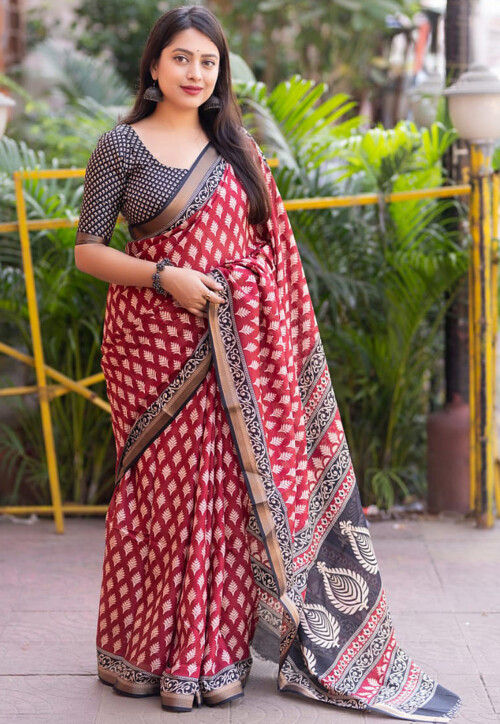Ajrakh Printed Crepe Saree in Red