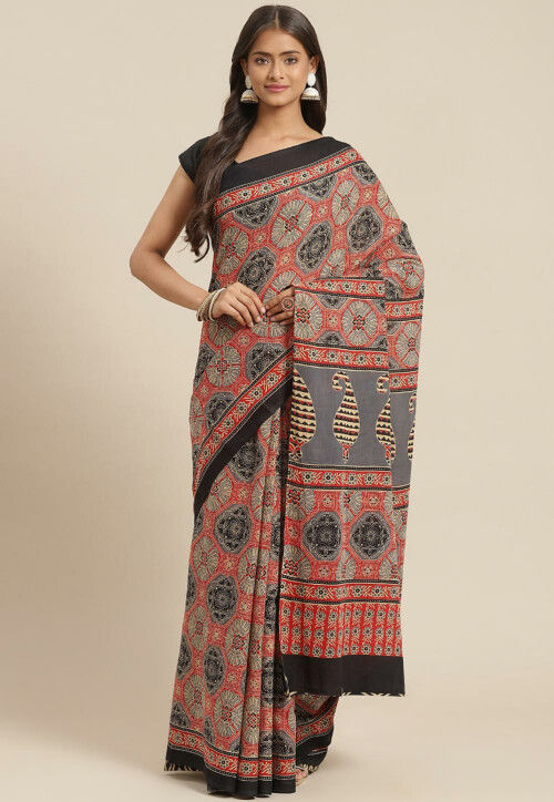 Green ajrakh linen saree | Block print saree, Saree, Printed sarees