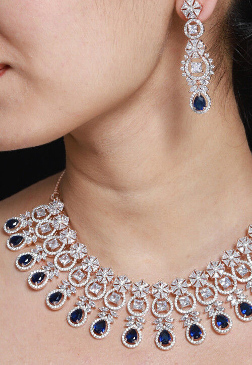 Blue Indian Jewellery American Diamond White Polish Necklace Set with  Maangtika for Women - Quail - 4063866