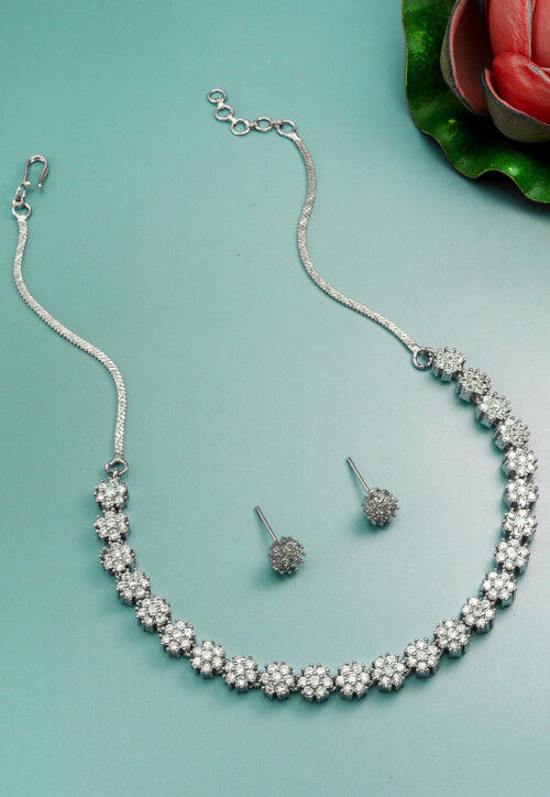 American Diamond Single Stone Necklace Set with Pair of Earrings – Sparsh  Jewellery
