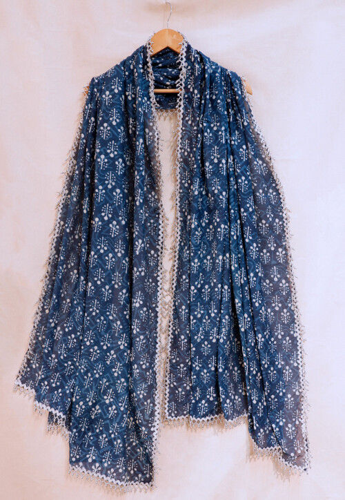 Bagru Printed Chanderi Cotton Dupatta in Indigo Blue