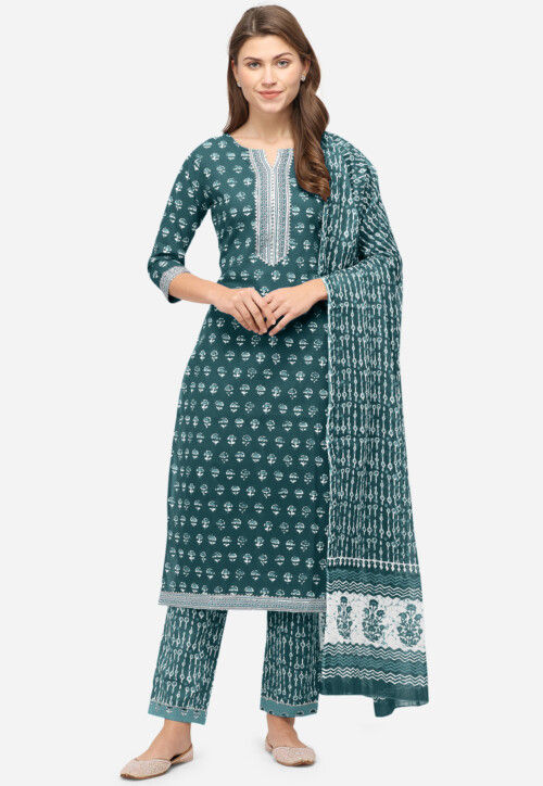 Bagru Printed Pure Cotton Pakistani Suit in Teal Green