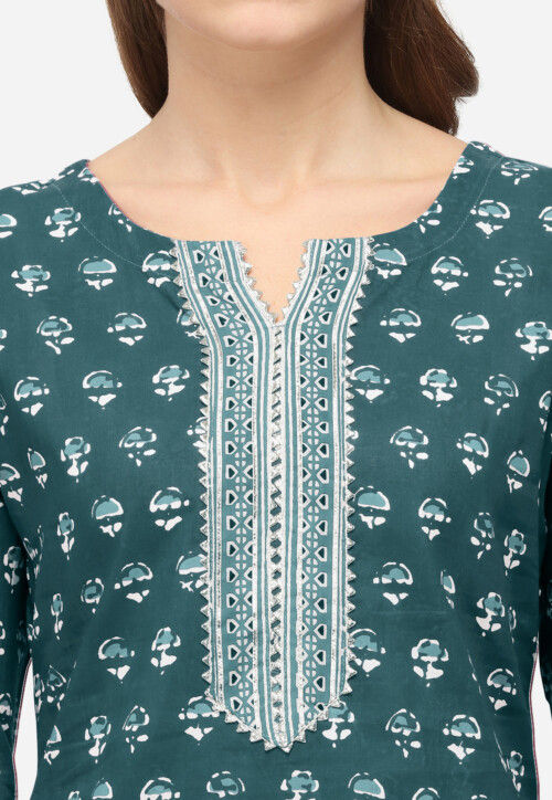 Bagru Printed Pure Cotton Pakistani Suit in Teal Green