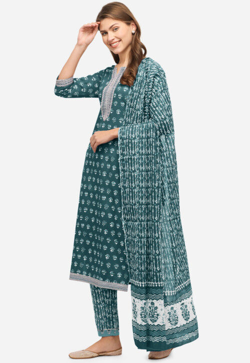Bagru Printed Pure Cotton Pakistani Suit in Teal Green