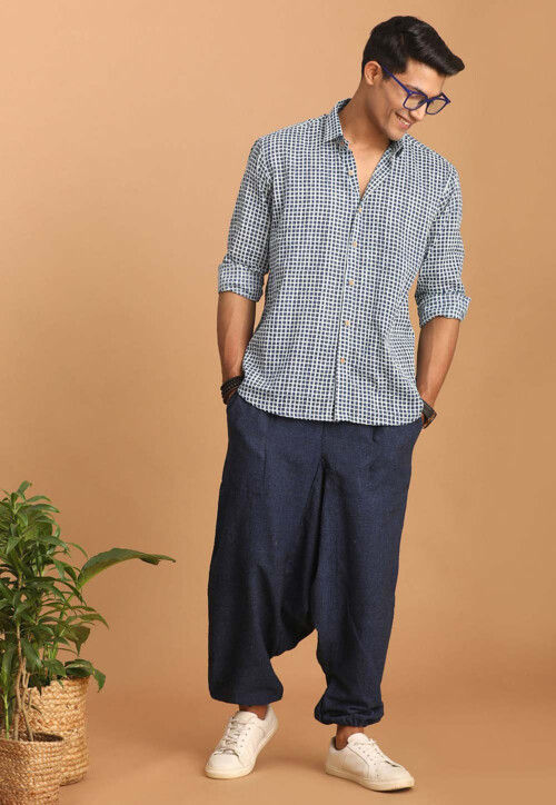 Bagru Printed Pure Cotton Shirt in White and Blue