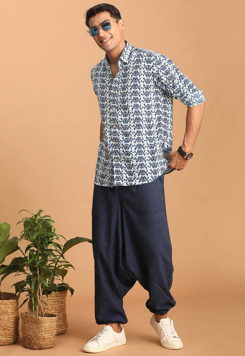 Buy Bagru Printed Pure Cotton Shirt in White and Blue Online : MTR3549 ...