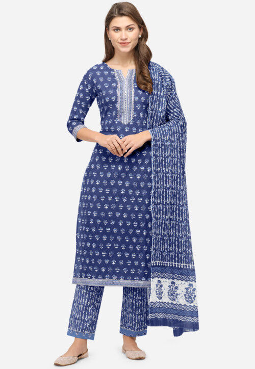 Bagru Printed Rayon Cotton Pakistani Suit in Navy Blue