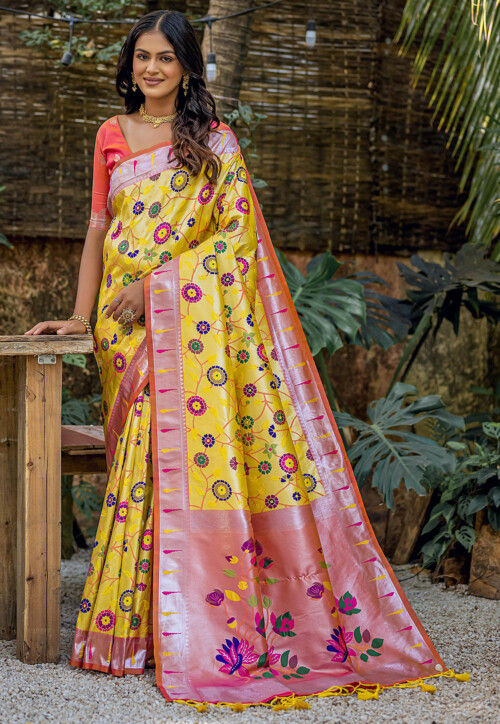 Mustard Yellow Banarasi Weaving Work Silk Saree – Maharani