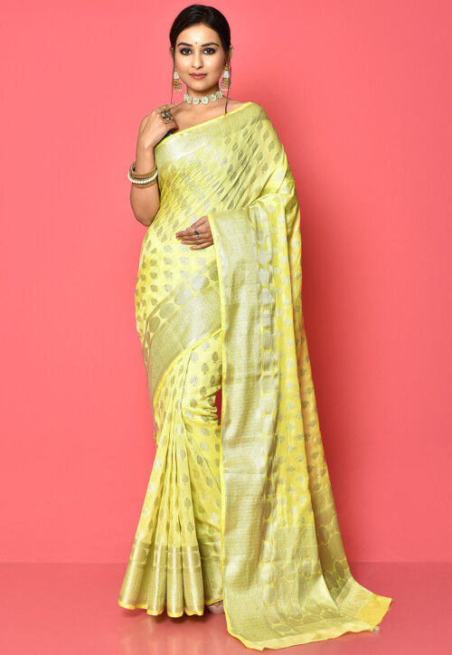 Yellow woven banarasi silk saree with blouse - Shangrila Designer - 3562386