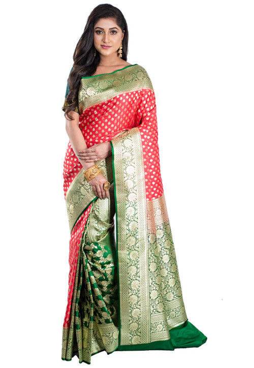 Highland Green and Pink Woven Banarasi Soft Silk Designer Saree – MySilkLove