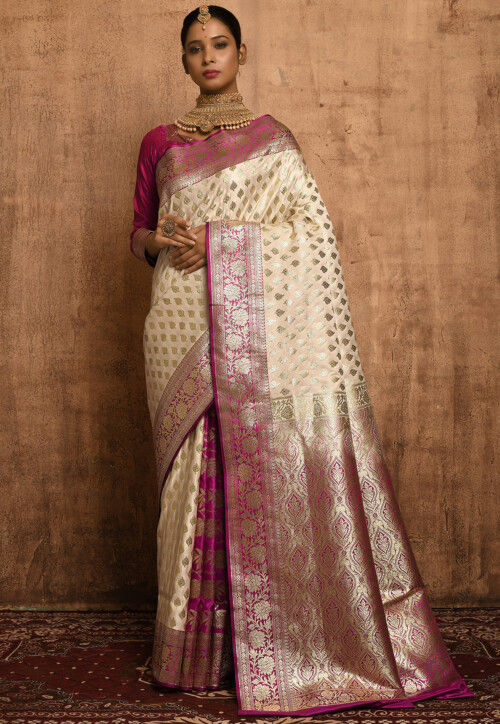 Beautiful white chiffon saree with pink hand painted floral motif & pi –  Sujatra