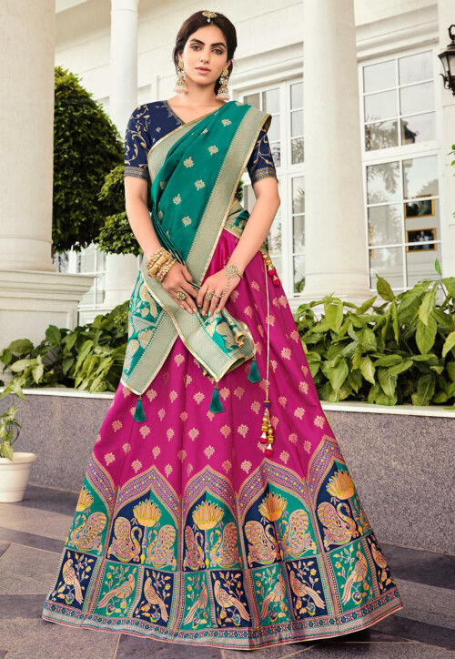 Green embroidery pure banarasi silk lehenga with dupatta - The Six Yards -  2805033 | Indian outfits lehenga, Designer bridal lehenga, Silk lehenga