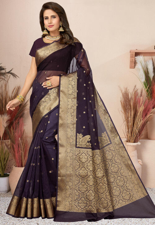 Bagicha; Banarasi Star Grey Blended Kora Organza Silk Saree – Kashisilks