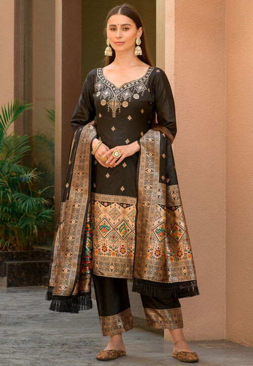 banarasi pakistani suit in black v1 kjc3054