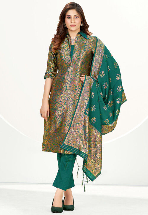 Banarasi Pakistani Suit in Teal Green