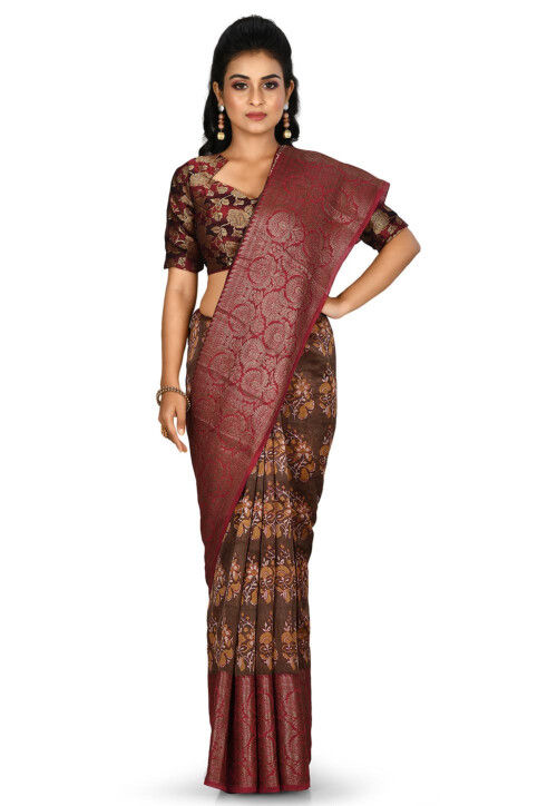 Banarasi Pure Cotton Handloom Saree in Dark Brown