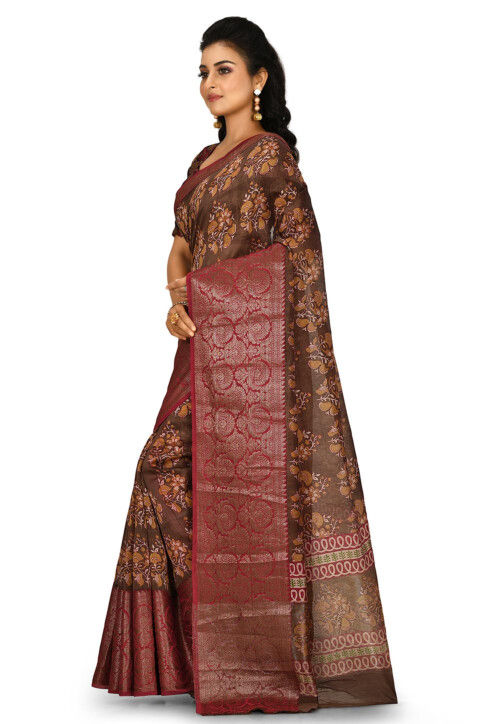 Banarasi Pure Cotton Handloom Saree in Dark Brown
