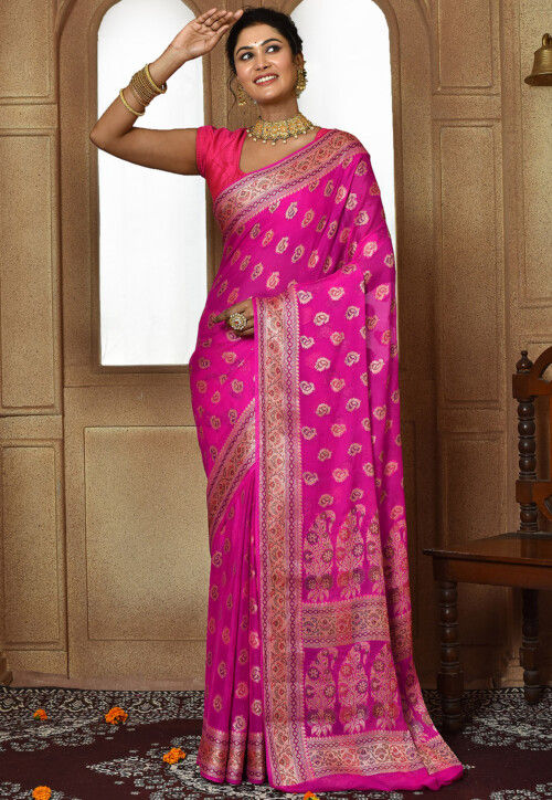 Buy Pinkish Banarasi Silk Saree Online In India | Me99