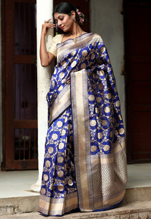 Bristol-Blue Banarasi Katan Silk Saree With Ogee Pattern And Contrast  Border | Exotic India Art