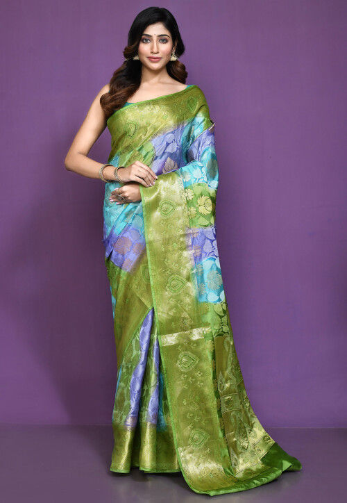 Banarasi Pure Silk Saree in Blue and Green