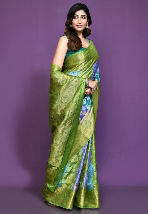 Banarasi Pure Silk Saree in Blue and Green