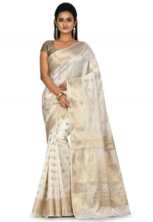 White woven banarasi silk saree with blouse - MANOHARI - 3312979