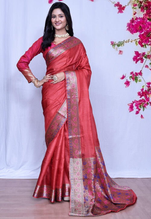 Banarasi Pure Tussar Silk Saree in Red