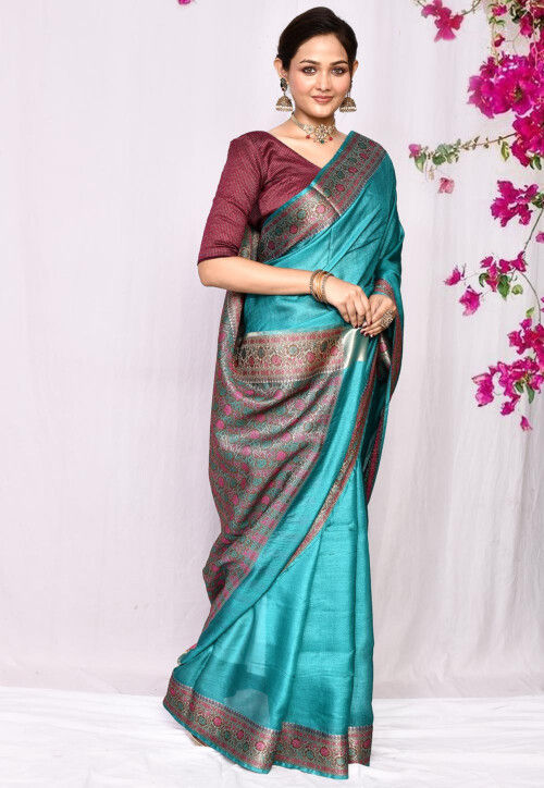 Banarasi Pure Tussar Saree With Resham Weaving Border- Turquois