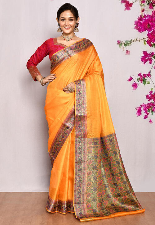 Banarasi Pure Tussar Silk Saree in Yellow