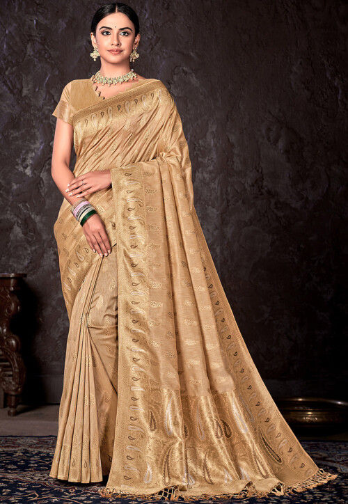 Weaving Work Designs Banarasi Silk Fabric Dark Beige Color Wedding