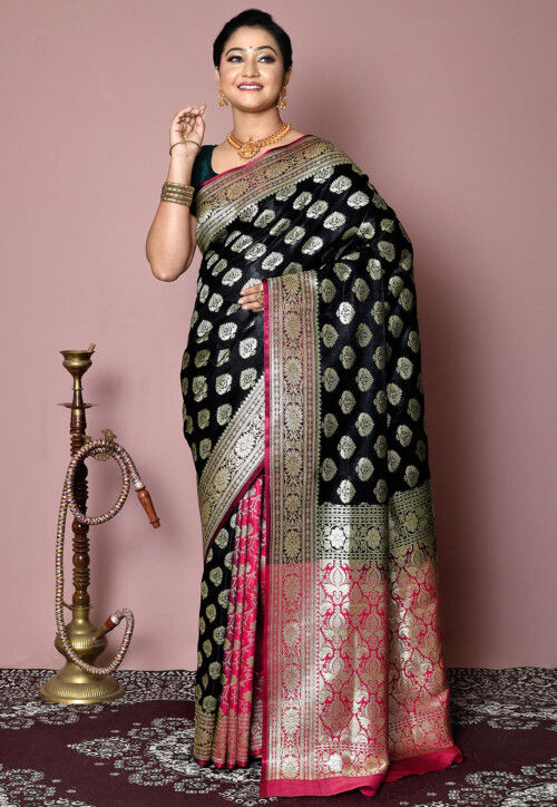 COTTON SILK SAREE WITH BEAUTIFUL WOVEN MOTIFS BLACK/PINK – BeGorgeousByPS