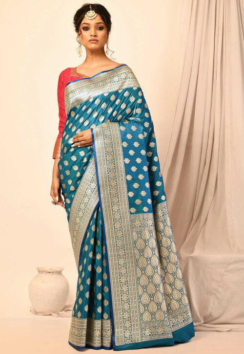 Buy Peach And Blue Banarasi Saree online-Karagiri